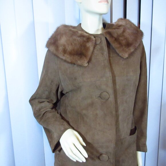 Vintage Shillito's Suede Leather Jacket 8 Long Trench Coat Fur Collar Dark Brown - Picture 5 of 16